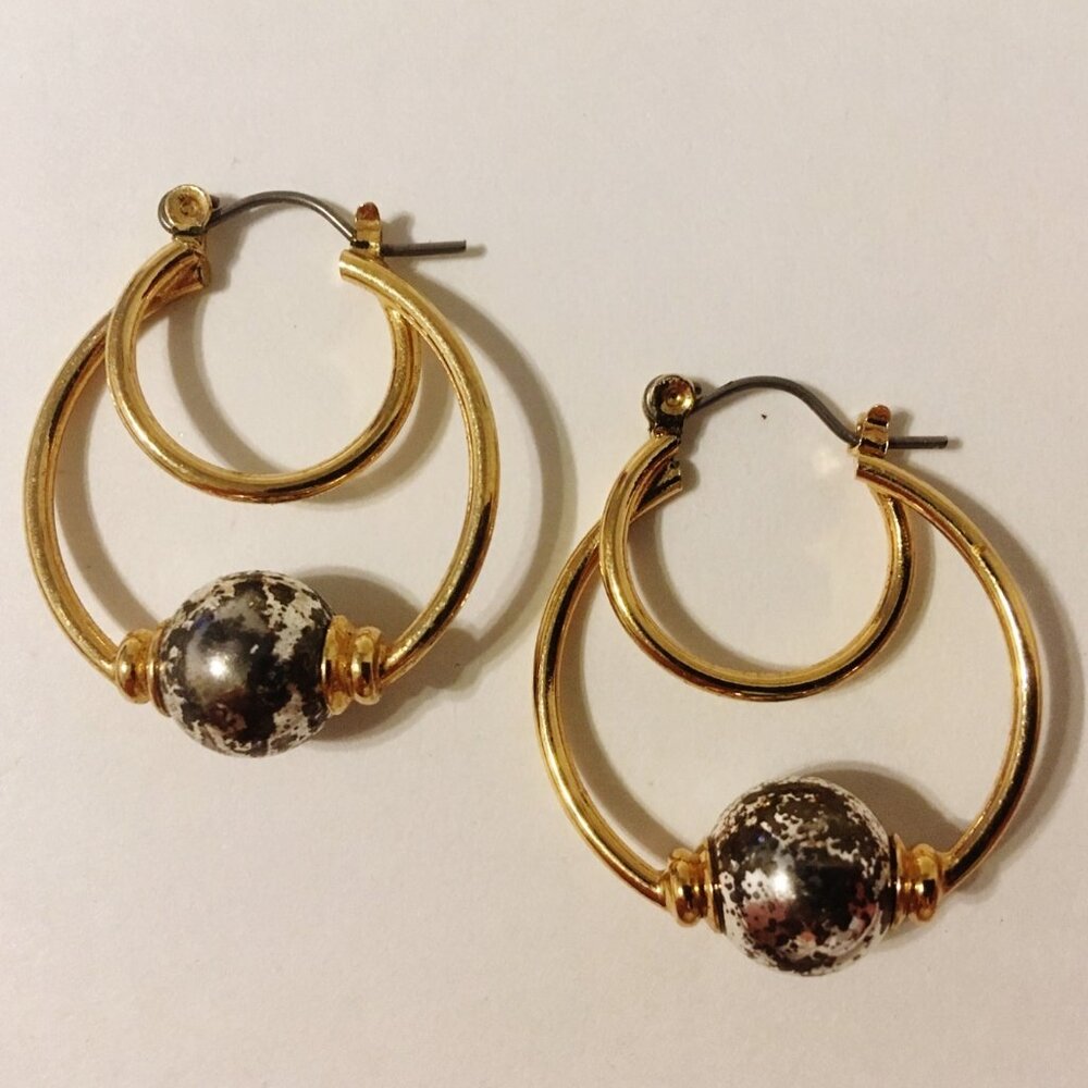 Gold Silver Metal Earrings Double Open Hoop Ball Beaded Pierced Fashion Jewelry